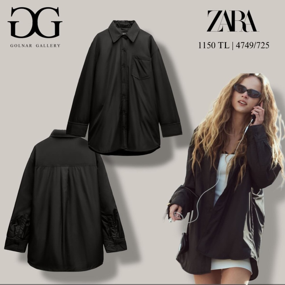 Zara Water Repellent Quilted Overshirt shirt Jacket Black button size S NWT - Picture 2 of 16